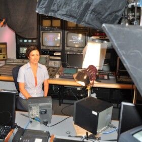 Journalist Elsa Sevilla films her series, "Historic Places" in the KPBS studios, 2009.