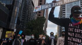 A crowd rallied in support of the guilty verdict in the George Floyd murder trial in Downtown San Diego. April 20, 2021.